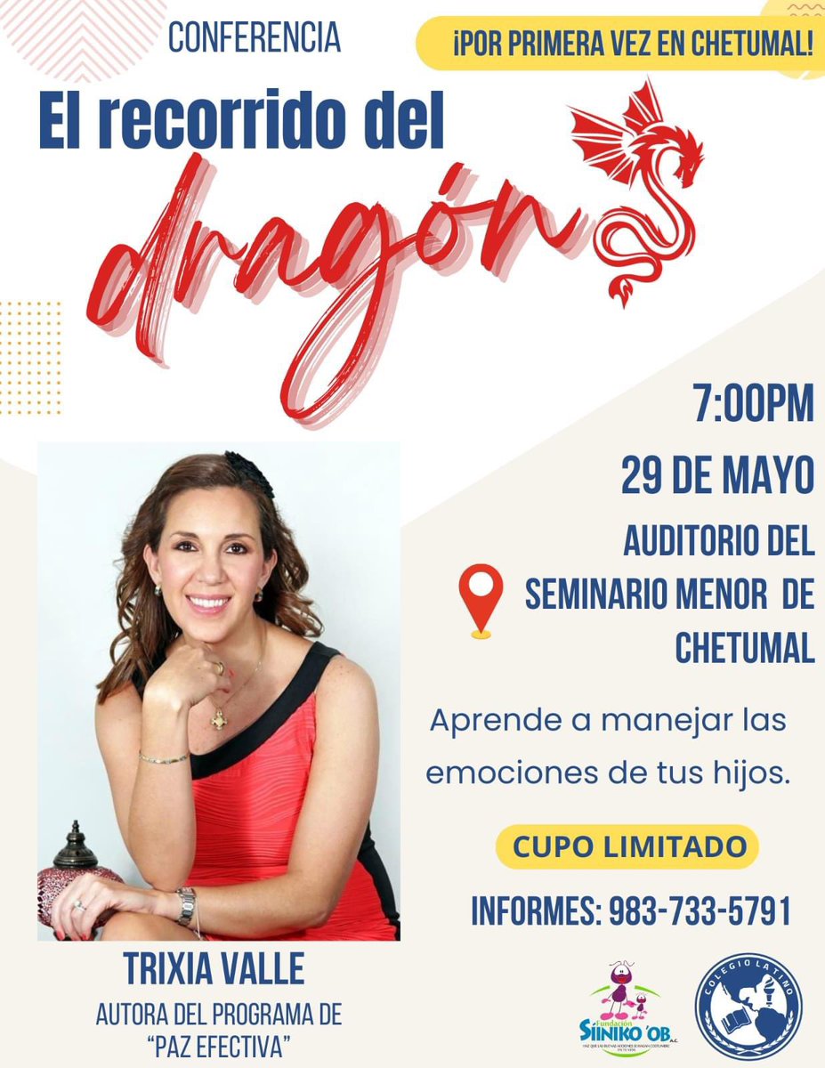 La fundación <a href="/Siinikoob/">Fundación Siinikoob</a> te invita a la Conferencia "El recorrido del dragón" por primera vez en #Chetumal, con una gran aliada de nuestra fundación <a href="/Trixiavalle/">Trixia Valle</a> 

Si te interesa asistir puedes contactarnos al 9837335791 y en el <a href="/Colegiolatinomx/">Colegio Latino</a>
