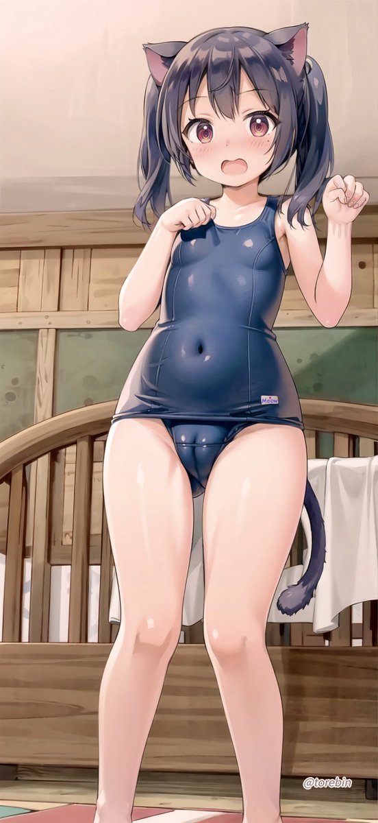 torebin's tweet image. 黒髪猫耳ツインテール娘には旧スク水が似合いますね！

The old-fashioned Japanese school swimsuit really suits the black-haired girl with cat ears and twin tails!

AI+加筆🖌️
AI+Retouching🖌️
#旧スクール水着
#AIイラスト
#AIart