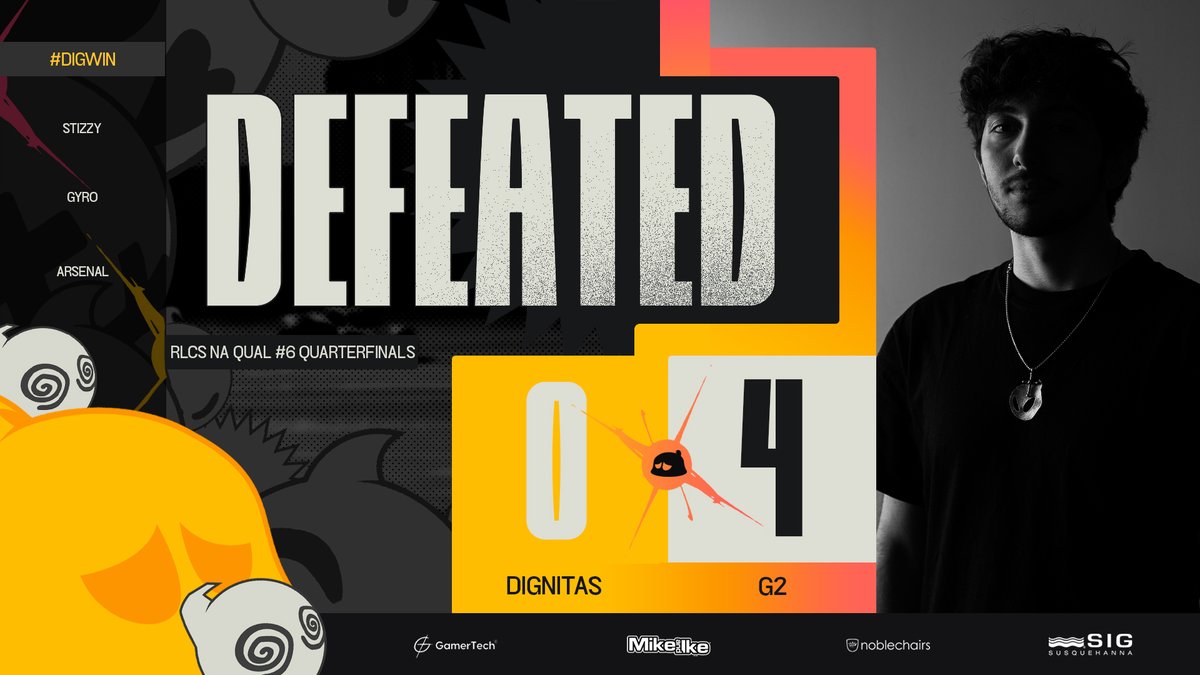 GGs @G2esports 🤝 We finish Top 8 and end our 2024 story. You guys made us proud nonetheless 💛🖤 @ExplosiveGyro @ArsenalRL @StizzyRl @rl_evoh @ViolentPandaRL Thank you to all the fans that supported us in these circumstances, we love you all #DIGWIN