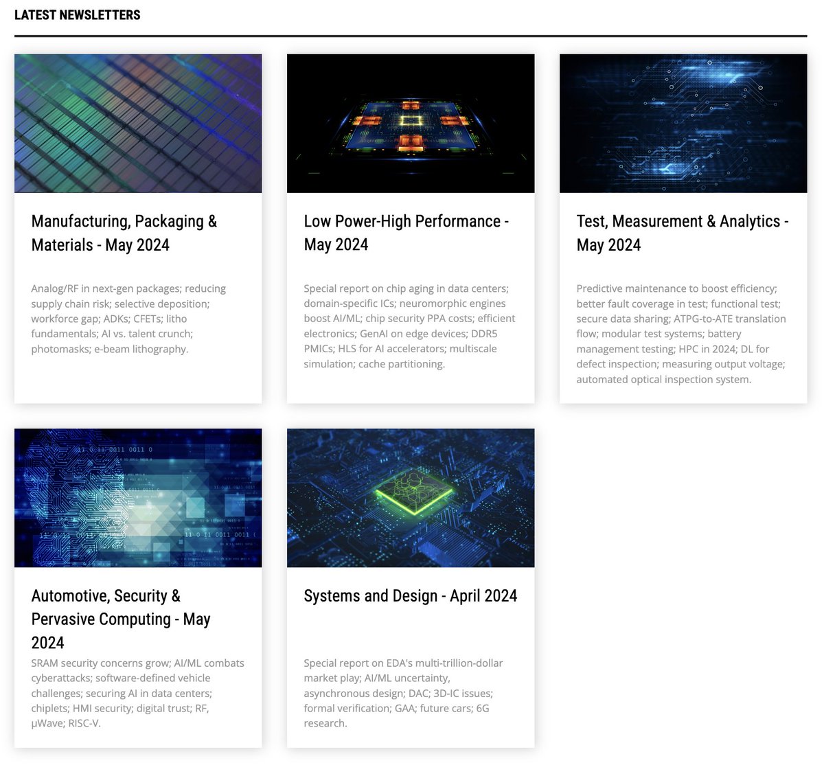 Find SemiEngineering's latest newsletters here semiengineering.com/insights-newsl… There are 5 channels to choose from. Newsletter signup is free. #semiconductor #semiEDA #lowpower #HPC #semiconductormanufacturing #VLSI #dataanalytics #chipdesign #automotive #hardwaresecurity
