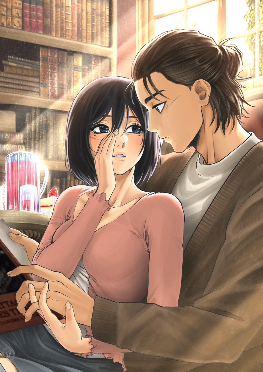 Eren and Mikasa spending a sweet and loving moment together reading, basking in the soft glow and warmth of the sun.
What could she be whispering to him ? 

#eremika