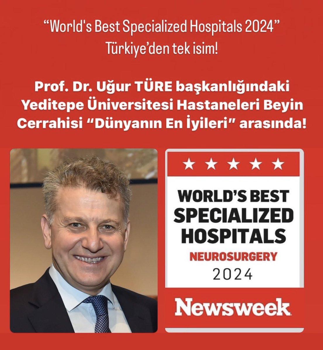 Prof. Dr. Uğur TÜRE başkanlığındaki #YeditepeÜniversitesi Hastaneleri Beyin Cerrahisi "Dünyanın En İyileri” arasında yer aldı! 💫 Değerli hocamız Prof. Dr. Uğur TÜRE ve ekibine teşekkür ediyor, başarılarının devamını diliyoruz. 🙏🏻 
@RectorYeditepe