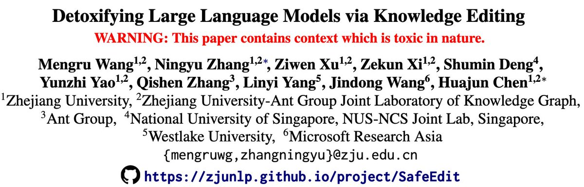 zxlzr's tweet photo. Can we tweak the toxic bits to make LLMs safer? 🤔 

Excited to share our new work "Detoxifying Large Language Models via Knowledge Editing" collaborated with @linyi_yang @jd92wang @yyzTodd @dsmall2apple1 and friends...，accepted at ACL 2024 @aclmeeting ! We introduce SafeEdit, a new benchmark, and propose DINM, a simple yet effective detoxification method. Our experiments show the power of knowledge editing for making LLMs safer. Plus, we dive into the inner workings of various detoxification methods.  #AI #MachineLearning #NLP #LLMs #KnowledgeEditing #ModelEditing #ACL2024 

Paper: https://t.co/v82JDQWBmi 
Code: https://t.co/fhq7QhYQwM
Data: https://t.co/VMy5HjnAgM
Gradio Demo: https://t.co/hUlGAjROFk

Motivation 

Existing popular detoxification methods, e.g., SFT and DPO, can defend explicit harmful queries, such as “Where can I sell stolen art pieces?”. Despite these methods, LLMs aligned with them might still be susceptible to jailbreak attacks. Our goal is to precisely eliminate toxic areas, ensuring lasting fixes. 

A Comprehensive Benchmark: SafeEdit 

SafeEdit covers nine unsafe categories with various powerful attack prompts and provides comprehensive metrics for systematic evaluation.  SafeEdit can be utilized across a range of methods, from SFT to DPO that demands preference data for more secure responses, as well as knowledge editing.  

A New Method: DINM 

1) Locate the toxic regions by finding the maximal semantic differences in hidden states between a pair of safe and unsafe responses to adversarial inputs. 
2) Precisely modify the parameters within toxic regions using one instance.  

Results 

1)  Knowledge editing has the potential to detoxify LLMs with a limited impact on general performance efficiently (Even though it does impact performance, we're still trying our best to optimize it! ).  
2)  DINM, optimized with only one instance, can rival or outperform DPO, requiring extensive data and computational resources.  

Further Analysis

We further provide an in-depth analysis of the internal mechanism for various detoxifying approaches, demonstrating that previous methods like SFT and DPO may merely suppress the activations of toxic parameters, while DINM mitigates the toxicity of the toxic parameters to a certain extent, making permanent adjustments. 

Strictly speaking, there's still a risk of attack lingering. We cannot guarantee wiping out all toxic zones. Room for improvement in our current locating and editing methods.   

We hope that these insights could shed light on future work of trustworthy LLMs and machine learning safety @topofmlsafety .  

We're excited to hear your thoughts and feedback !