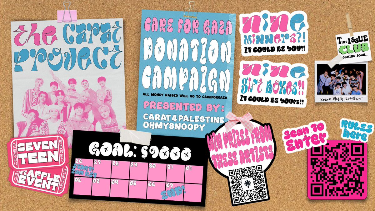 🚨 CARATs! to celebrate SEVENTEEN’s 9th anniversary, we are hosting a raffle donation campaign for Palestine! here's your chance to win boxes with items from your favorite CARAT artists!

enter here: forms.gle/Eo2tWPresBPtKi…

#세븐틴과_함께한청춘_벌써_9주년
#SVT_Shinin9_Diamonds