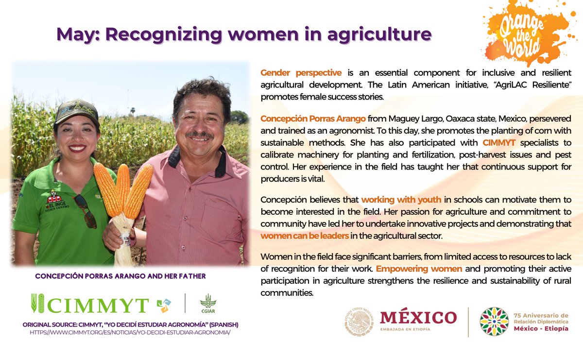 #OrangeDay 

Meet Concepción, from #Oaxaca 🇲🇽 and how much she has achieved in agriculture, accompanying the great institution @CIMMYT.
 
In May, we recognize women´s leadership and empowerment in sciences and tech.
 
#GenderEquality #GenerationEquality #OrangeTheWorld
