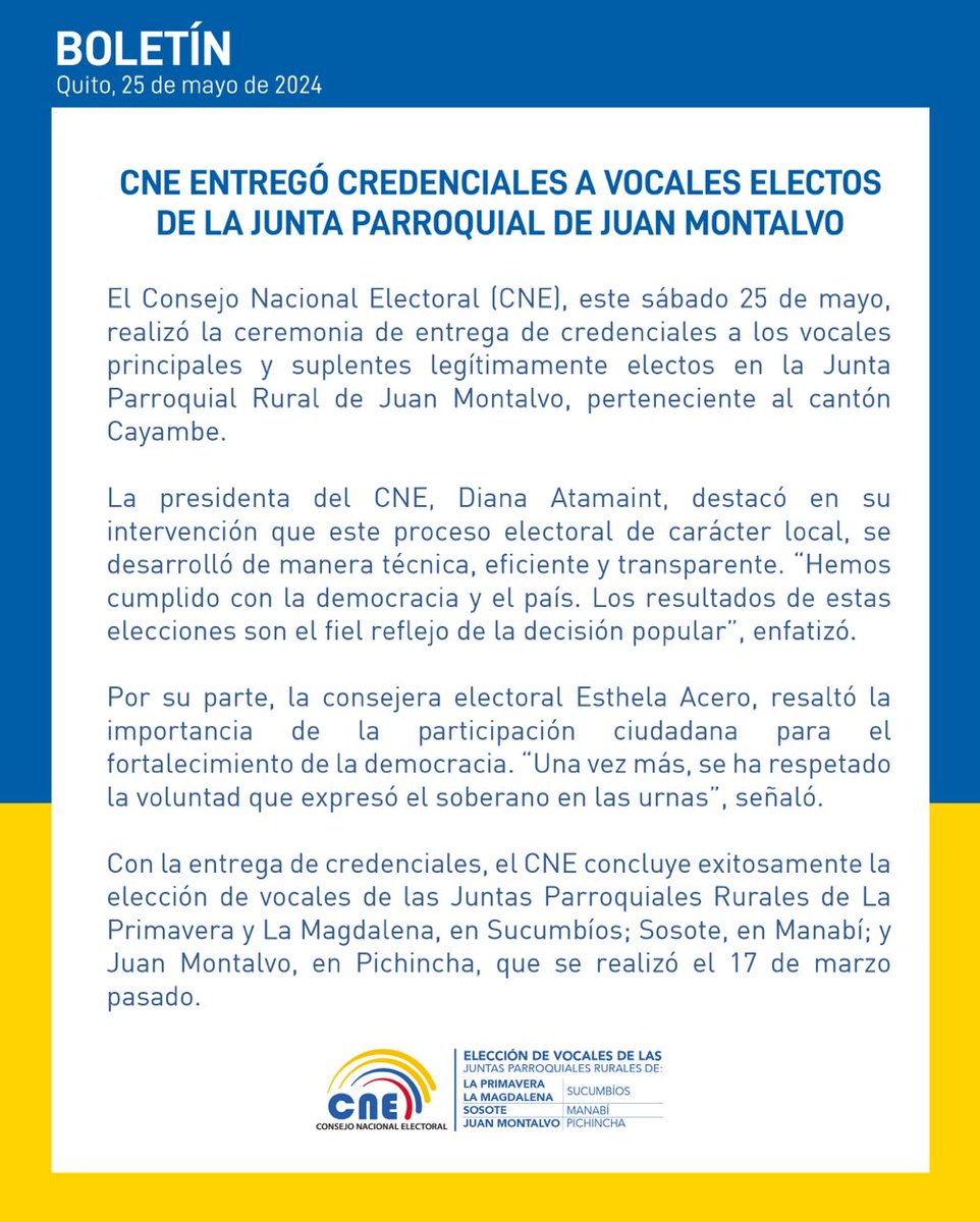 #GanóLaDemocracia 🟡🔵🔴 Realizamos la #EntregaCredencialesJuanMontalvo a las autoridades electas el 17 de marzo en esta parroquia rural de #Cayambe. Mira los detalles ➡️ cne.gob.ec/credjuanmontal…