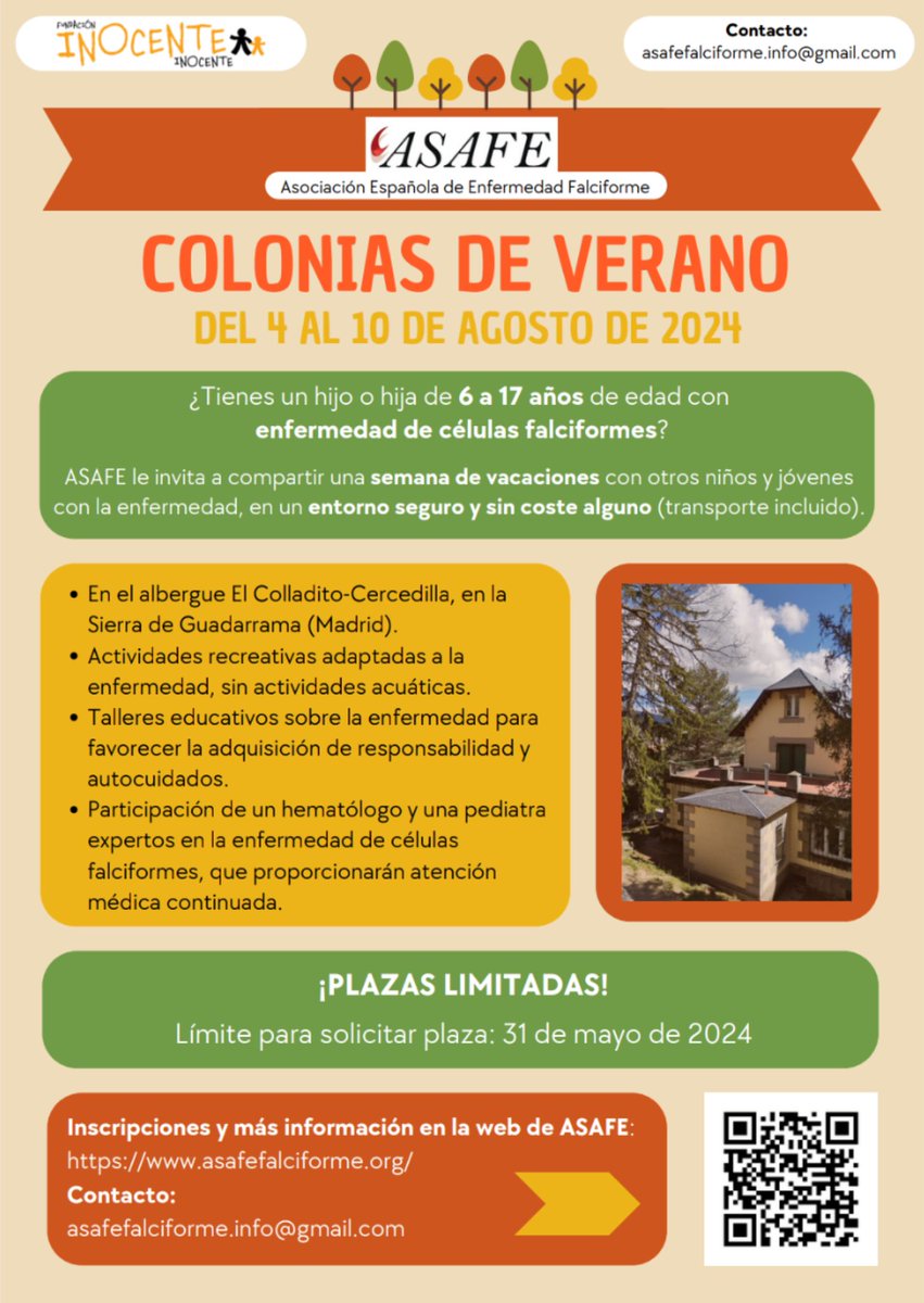 Nuestro compañero el Dr. <a href="/salvadorpayan/">Salvador Payán-Pernía 🇵🇸</a> participa en la organización de las primeras colonias de verano de <a href="/AsafeFalciforme/">ASAFE</a> para niños y adolescentes con #drepanocitosis, y como voluntario médico 👏🏻👏🏼. El plazo de inscripción acaba el 31 de mayo.