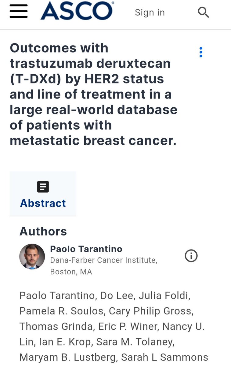 #ASCO24 Real-world data from the largest dataset to date on the efficacy of T-DXd in mBC. Of course, it will be presented by the master of HER-Low and ADCs, @PTarantinoMD💥 📌You should definitely take a look at this study. There is very valuable data on the HR situation and