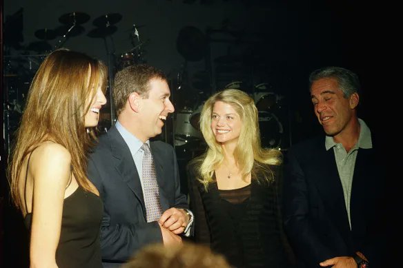 Put 2 and 2 together. This photo of Prince Andrew, Melania and Jeffrey Epstein was taken at Mar-a-Lago in 2000. Virginia Giuffre was a child employee at the 'Spa' at Mar-a-Lago at the time this photo was taken. Ghislaine Maxwell recruited Giuffree into Epstein's s*x