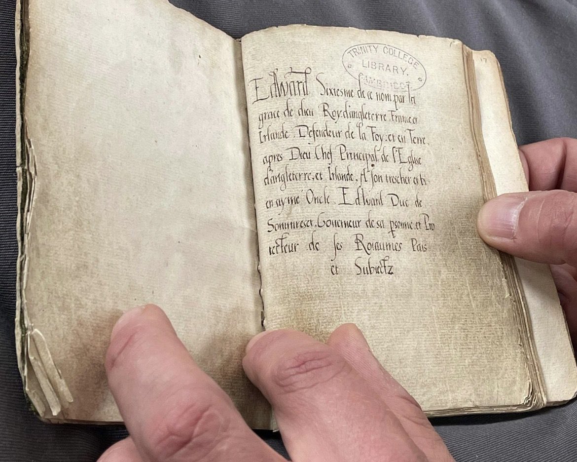 Incredible to see this commonplace book written by the hand of the nine-year-old King Edward VI. It contains a collection of scriptural passages against idolatry, copied into French by Edward for his uncle, the Duke of Somerset - a gorgeous treasure of The Wren Library.