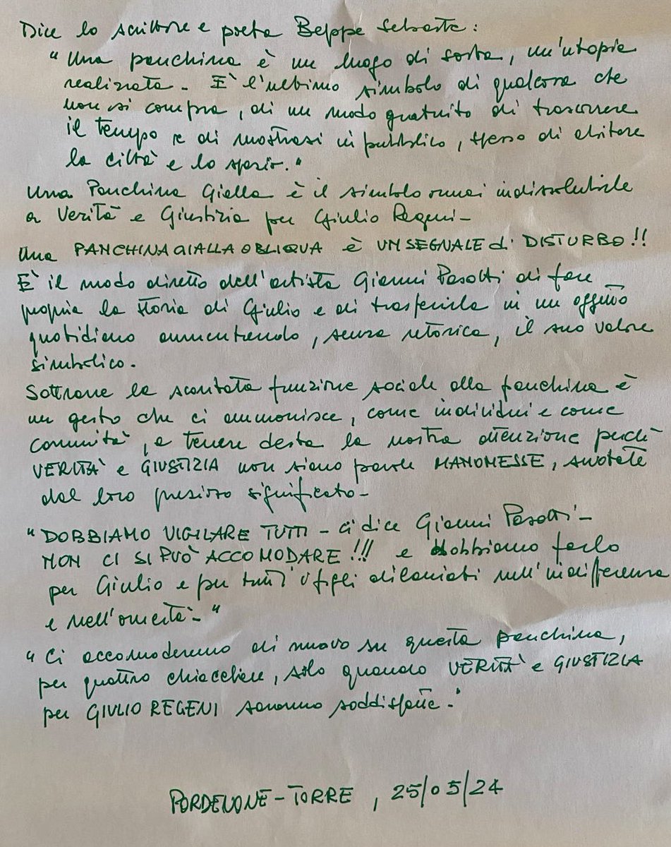 Perché l’artista Gianni Pasotti ha pensato ad una #PanchinaGialla OBLIQUA? È pensata come un segnale di disturbo perché dobbiamo vigilare tutti, non ci si può accomodare fino a quando non sarà fatta #veritaegiustiziaperGiulio PORDENONE-TORRE #25maggio #GianniPasotti