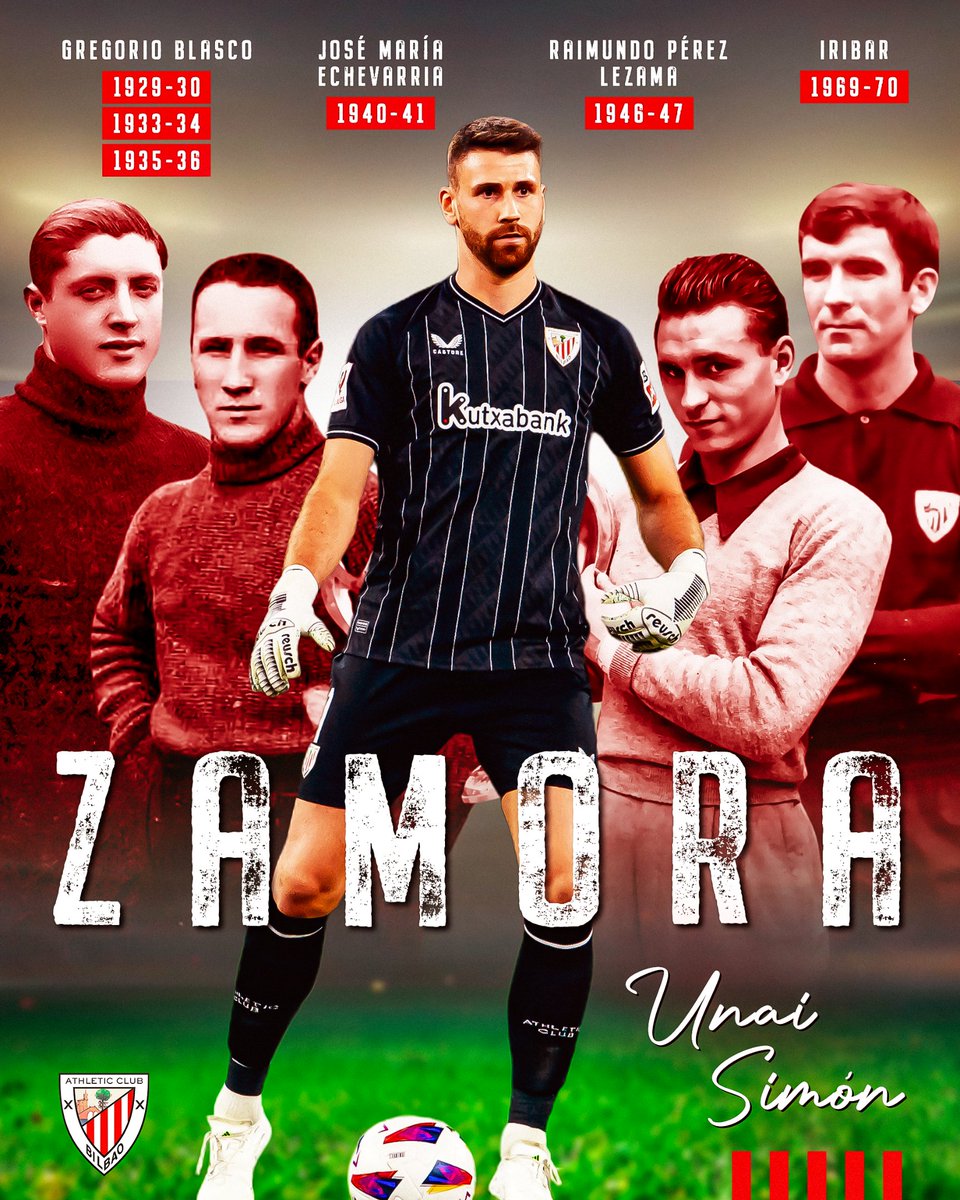 🏅 Unai Simón es oficialmente el portero menos goleado de <a href="/LaLiga/">LALIGA</a> 2023/24.

El de Murgia se convierte en el quinto portero del <a href="/AthleticClub/">Athletic Club</a> en ganar el Trofeo Zamora. 

🧤 Zorionak a todo el equipo! 

#AthleticClub 🦁