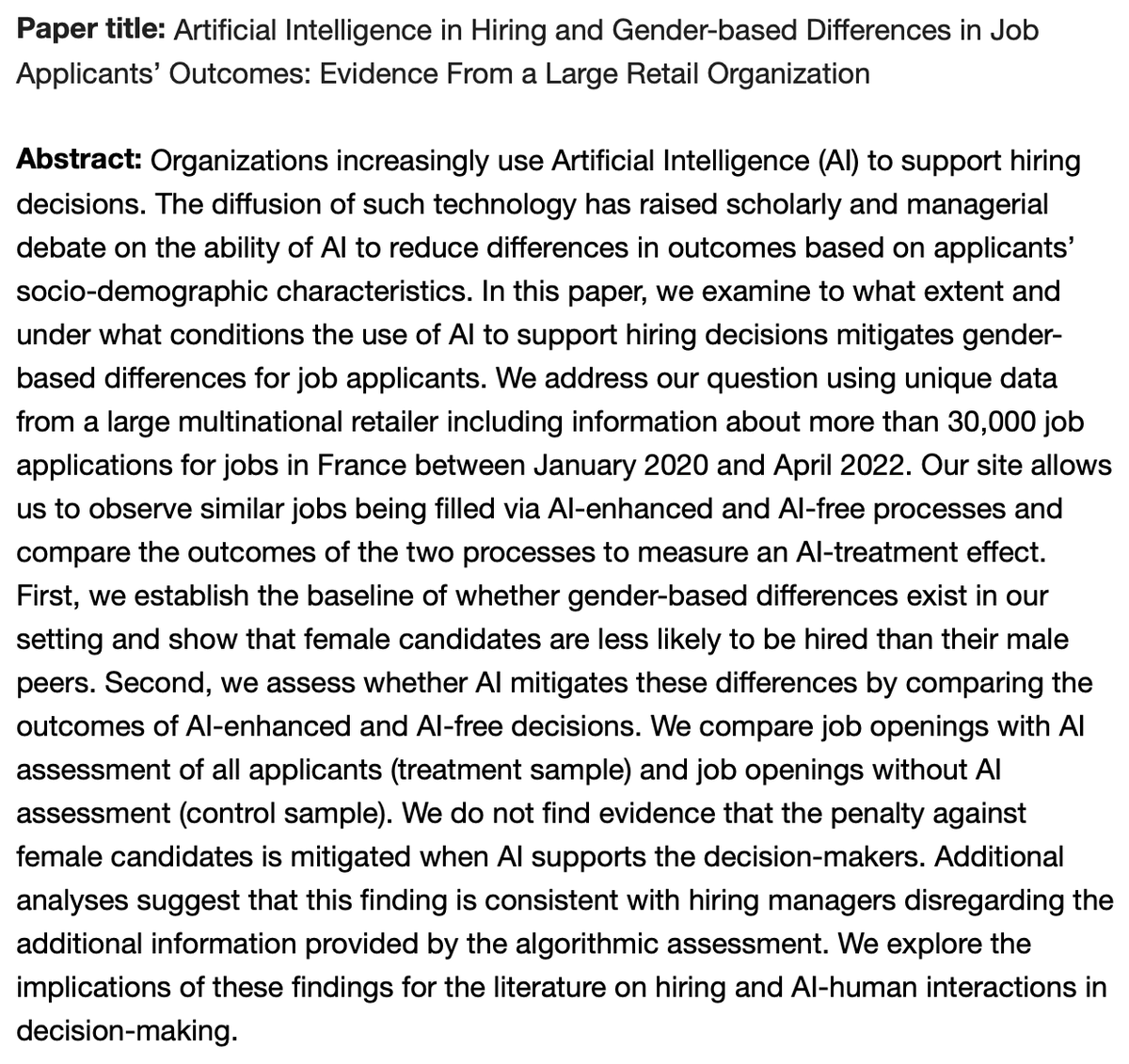 Carlos Serrano (@serranomejias) on Twitter photo 1/ On Monday May 27 @ 5.30PM (Paris time) <a href="/SIEworkshop/">SIE workshop</a> #62
Federica De Stefano <a href="/De_Stefano_Fede/">Federica De Stefano</a> <a href="/HECParis/">HEC Paris Business School</a> will present...
“Artificial Intelligence in Hiring and Gender-based Differences in Job Applicants’ Outcomes"
Discussant: Alan Benson <a href="/UMNews/">University of Minnesota</a> 1/ On Monday May 27 @ 5.30PM (Paris time) <a href="/SIEworkshop/">SIE workshop</a> #62
Federica De Stefano <a href="/De_Stefano_Fede/">Federica De Stefano</a> <a href="/HECParis/">HEC Paris Business School</a> will present...
“Artificial Intelligence in Hiring and Gender-based Differences in Job Applicants’ Outcomes"
Discussant: Alan Benson <a href="/UMNews/">University of Minnesota</a>