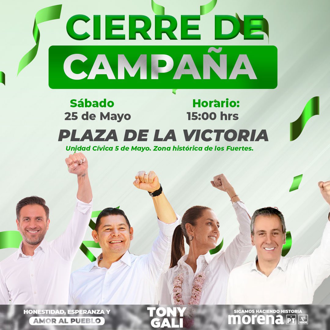 ¡Es hoy! 

El #EquipoGanador cierra campaña con la próxima presidenta de México @Claudiashein, nuestro futuro gobernador @armentapuebla_ y el que será el presidente municipal de nuestra capital @pepechedrauimx 

#PueblaYaDecidió
#ClaudiaPresidenta