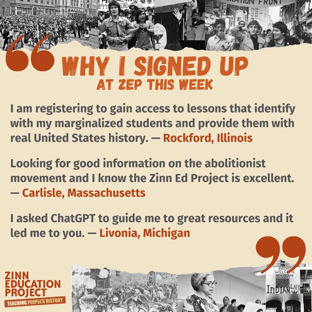 Weekend report: This week 127 teachers signed up at ZEP for people’s history lessons from Ramallah, Palestine; Washington, DC; Chicago & Rockford, IL; Carlisle, MA; Livonia, MI; Woolwich, NJ; Brooklyn, NY; Philadelphia, PA; N. Ogden, UT; & many more cities. Some reasons why ⬇️.