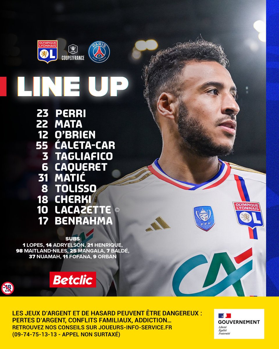 OL's tweet photo. 🦁 Notre 𝗫𝗜 𝗱𝗲 𝗱𝗲́𝗽𝗮𝗿𝘁 pour cette finale de @coupedefrance ! 👊🔴🔵

#OLPSG https://t.co/zZxYIsNa6u