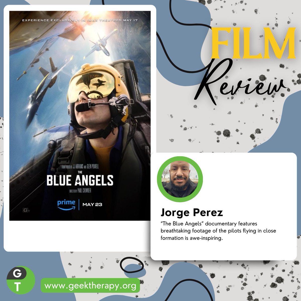 PeopleOfCon's tweet photo. In time for #MemorialDay! ✈️✨ Engage in our #filmreview &amp; interview with #director Paul Crowder about #TheBlueAngels #documentary. Honor the @BlueAngels @USNavy's elite's aerial artistry. Streaming now on @PrimeVideo!
Full article: https://t.co/319mfN9HEb
#GeekTherapy https://t.co/2qPg4ukkGe