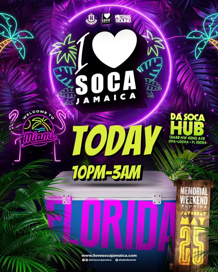 <a href="/ilovesocaja/">ilovesocaja</a> up in Miami TONIGHT! 🌴🇺🇸 &amp; the fete doesn’t stop until you do! 😁

I LOVE SOCA JAMAICA
Memorial Weekend 
Saturday May 25, 2024
10PM-3AM

Our Venue:
DA SOCA HUB
13449 NW 42nd Ave
Opa-locka, 
FL 33054

TICKETS AND NOW AVAILABLE HERE: ticketgateway.com/i-love-soca-ja….