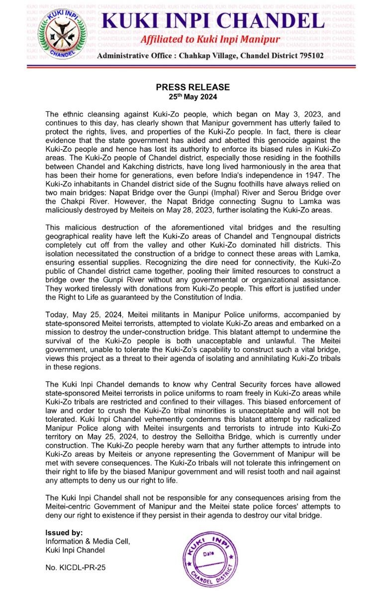 minkukizo's tweet photo. Kuki Inpi Chandel warns the biased Government of #Manipur to stop their pathetic attempts to destroy a vital bridge that is currently under construction. The bridge is being built with donations received from the Kuki-Zo public of Chandel to connect isolated Kuki-Zo areas of Chandel and Tengnoupal districts with Lamka. The bridge will serve as an essential lifeline for the supply of essential commodities from Lamka to other Kuki-Zo areas. The Constitution of India guarantees the Right to Life, and the bridge is essential to ensure that the Kuki-Zo people do not suffer from starvation. The Constitution of India also guarantees the right to private property—a bridge constructed with private money on private land.

If Shameless Biren Singh wants to destroy the bridge, let him ensure safe and free access to the existing roads and bridges for the Kuki-Zo tribals. Let his pathetic Meira Paibis and Arambais stop killing innocent Kuki-Zo civilians on the existing roads and bridges, and we will immediately stop the construction of our bridge. If Shameless Biren Singh wants to have any say on whether the bridge is safe or not, he can officially sanction the construction of the bridge with funds from the Manipur Government, and we will allow his regulators to inspect the bridge.

@newslaundry @the_hindu @vijaita @sardesairajdeep @BDUTT @themojostory @volker_turk