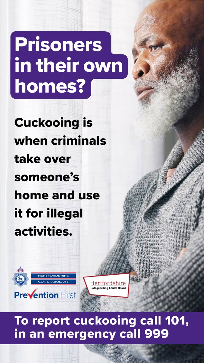 👀 Prisoners in their own homes❓ 

#Cuckooing is where criminals exploit vulnerable people and use their homes to conduct illegal activities. 

More info here: 👉 orlo.uk/LQ85m . 

Report cuckooing to 📞 101 or to Crimestoppers orlo.uk/w3sVn 

#WelwynHatfield