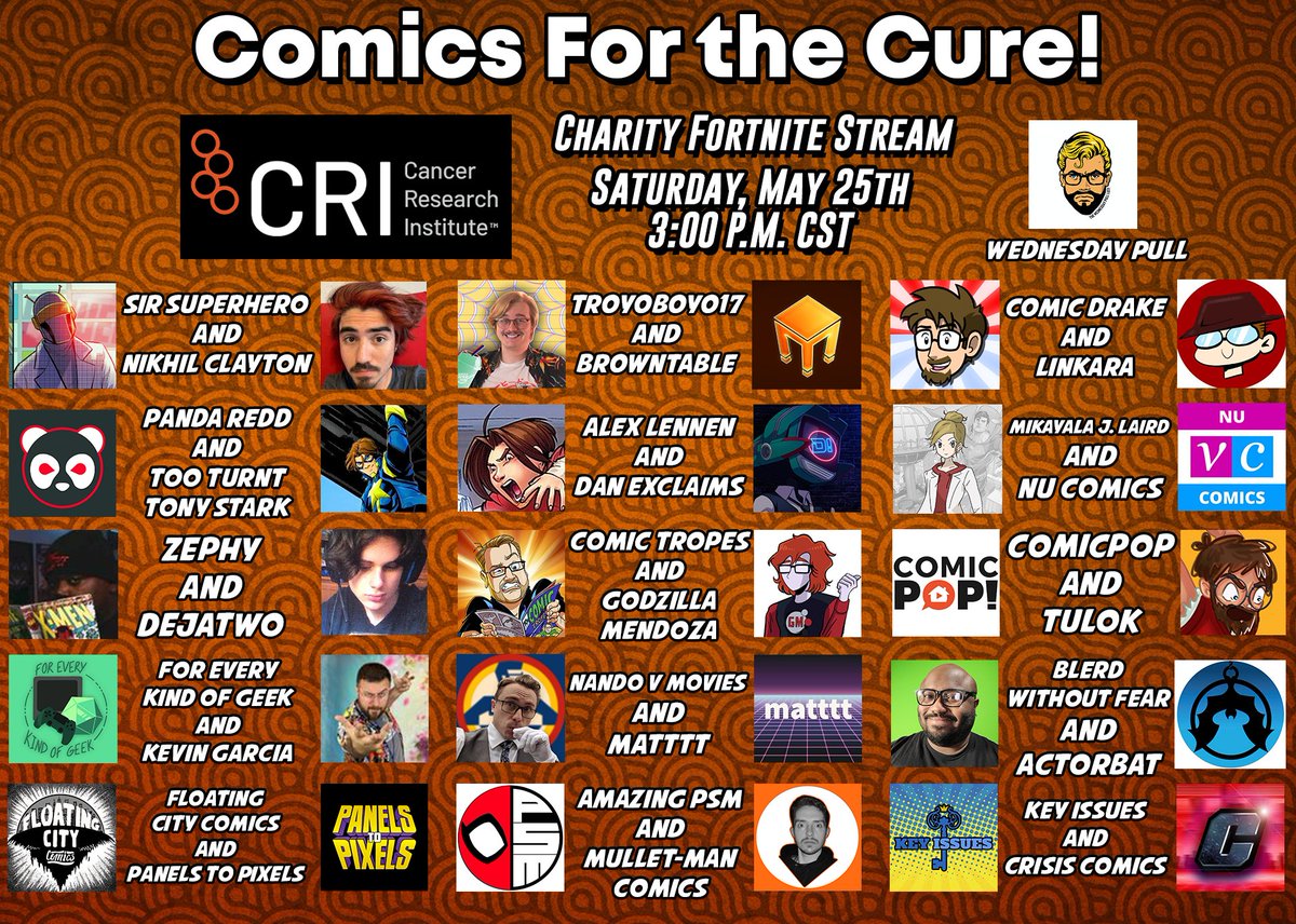 _DejaTwo_'s tweet image. I am joining with all your favorite comics YouTubers and TikTokers in COMICS FOR THE CURE! This is a charity Fortnite livestream TODAY at 4:00pm EST! You can watch in on my channel twitch.tv/dejatwo_ 

 The charity we are partnered with is the CANCER RESEARCH INSTITUTE!