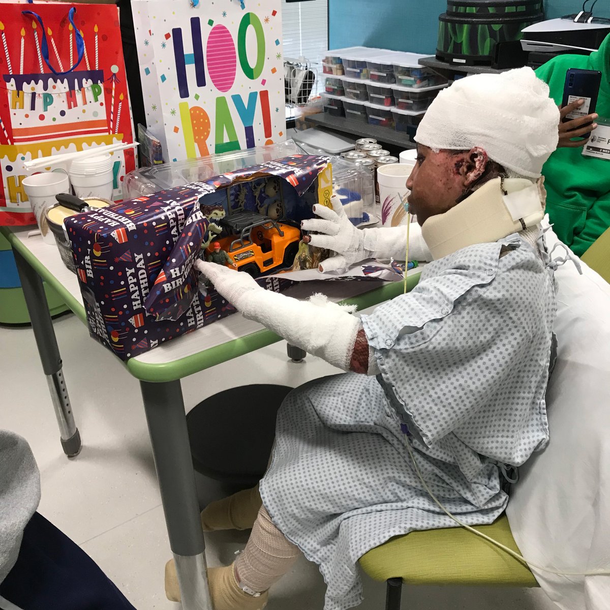 It's double digits for TJ He turned 10 while recovering from a burn injury. The hospital is the last place where any child wants to celebrate, but our staff helped facilitate a small gathering with his family, complete with presents! #Kids #Hope #BurnCare #ShrinersChildrens