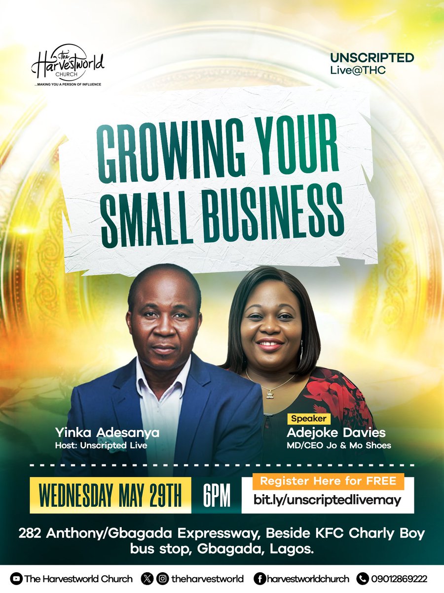 'Unlock the potential of your business 
Attend Unscripted Live @theharvestworld with Founder & CEO, @jo_Mo_Shoes Ltd. 
Wednesday May 29th, 2024 

Time : 6pm🇳🇬 🇬🇧 | 1pm 🇨🇦 | 

Admission is FREE 

#RealPeople  #RealIssues #RealSolutions. 
#BusinessGrowth #smallbusinessbigdreams