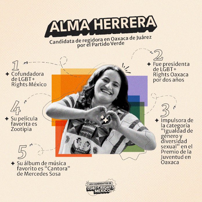 Es el turno de Alma Herrera (@alma_gherrera), Co-Fundadora de LGBT+ Rights México y candidata a regidora en Oaxaca de Juárez por el @partidoverdemex 👇🏽