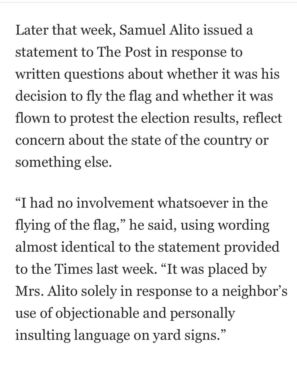 The Washpost knew about the Alito flag as early as Biden’s Inauguration Day in 2021, and even got a statement from him. But WP editors chose not to publish a word about it until the NYT beat them on their own story, a few days ago. washingtonpost.com/politics/2024/…