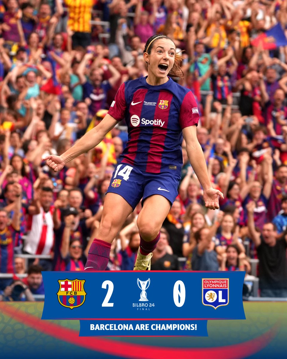 🏆 Grâce aux buts de Aitana Bonmatí et Alexia Putellas, le FC Barcelona Femení décroche la #UWCL 2024 face à l'Olympique Lyonnais !