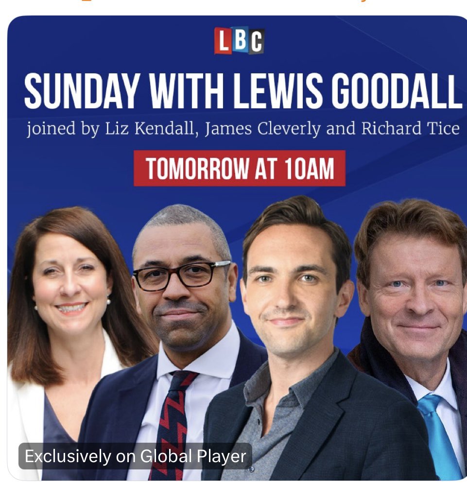 Properly packed Sunday show on @LBC. @JamesCleverly @leicesterliz @EdwardJDavey @AnasSarwar @TiceRichard And more besides. All the politics you need. Join us from 10am. 👇