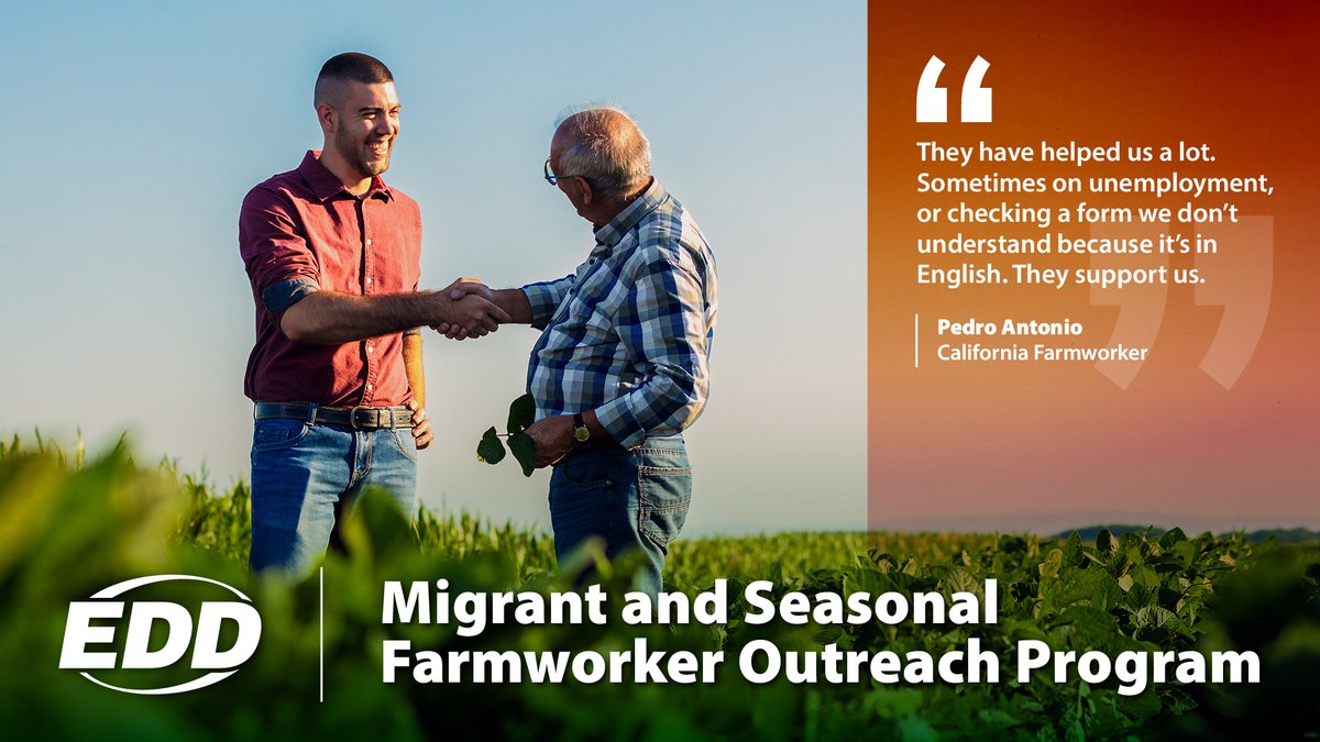 🚜Farmworkers, did you know?

Our multilingual staff work directly with farmworkers in their communities to provide important information on EDD services, resources, and labor rights. 

Visit our Migrant and Seasonal Farmworker Outreach Program page: edd.ca.gov/Farmworkers