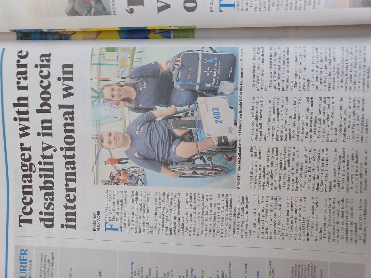 Congratulations to Tyler McLelland,18, from Windygates, #Fife who won his first individual international #Boccia medal in Finland. Great to see him in today's print Courier. Want to know more? Here's @thecourieruk online 2023 Courier feature interview: thecourier.co.uk/fp/lifestyle/h…