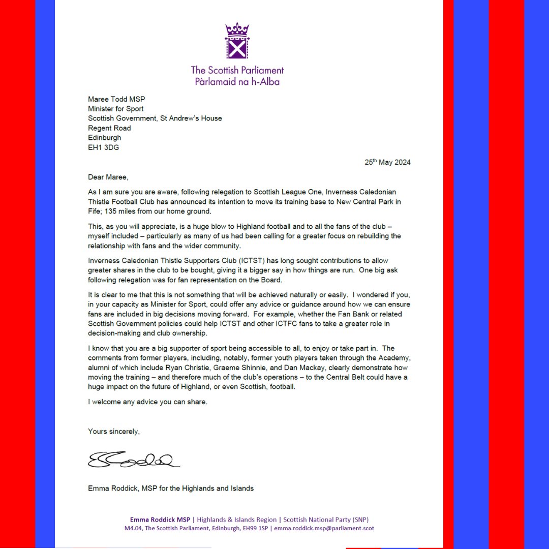 With thanks to all who've reached out following ICTFC's decision to move training to Fife, I have written to the club formally seeking a reconsideration, and to the Minister for Sport seeking her advice on the options available to fans who want a greater say. 🔴🔵⚽️