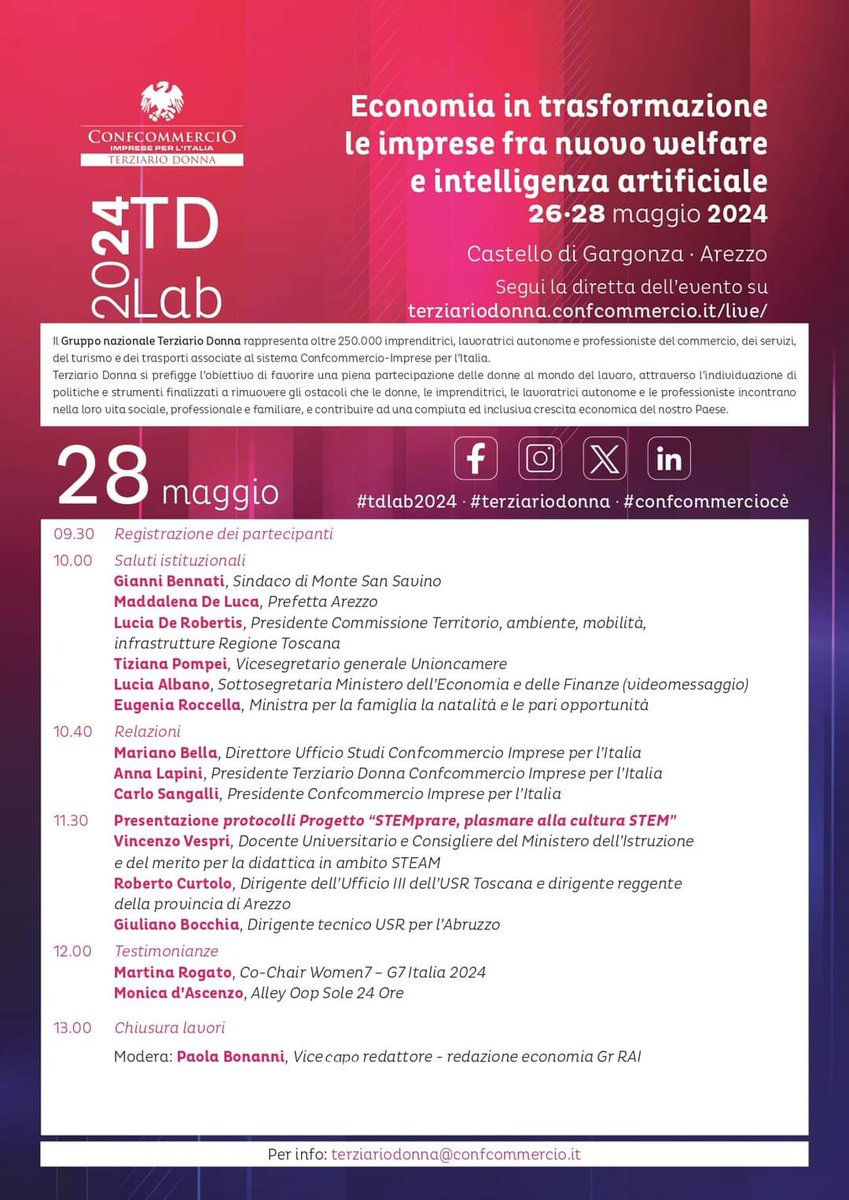 Al #tdlab2024 la convention annuale delle imprenditrici di #Terziariodonna #Confcommercio a Gargonza (AR) martedì 28 maggio un convegno aperto al pubblico e alla stampa e trasmesso in streaming sul sito terziariodonna.confcommercio.it/live/ 
#confcommerciocè