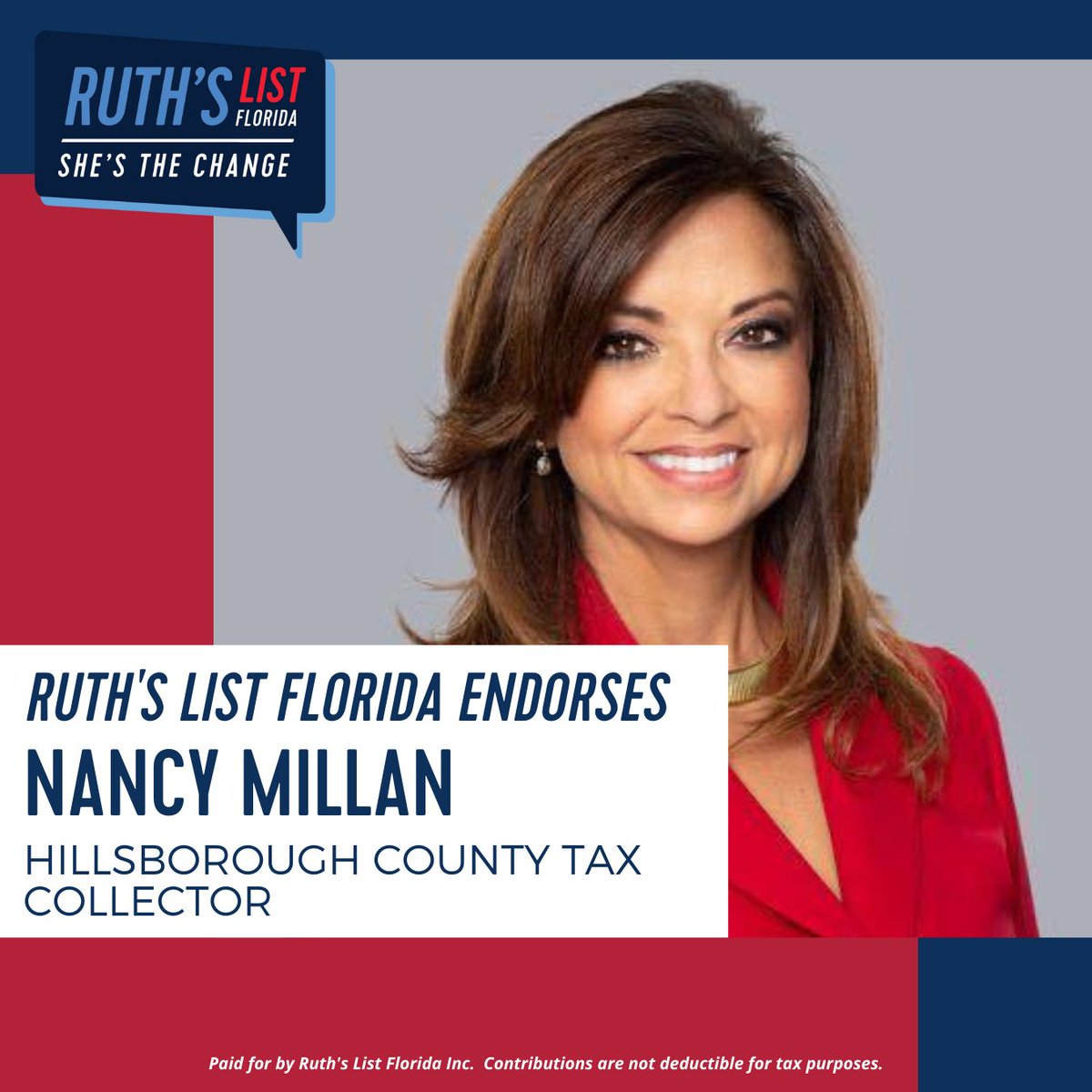 VoteNancyMillan's tweet photo. As the first woman elected to the Hillsborough County Tax Collector's Office, I am proud to have the endorsement of Ruth's List to make history again in 2024! https://t.co/cTKYz9hfMP