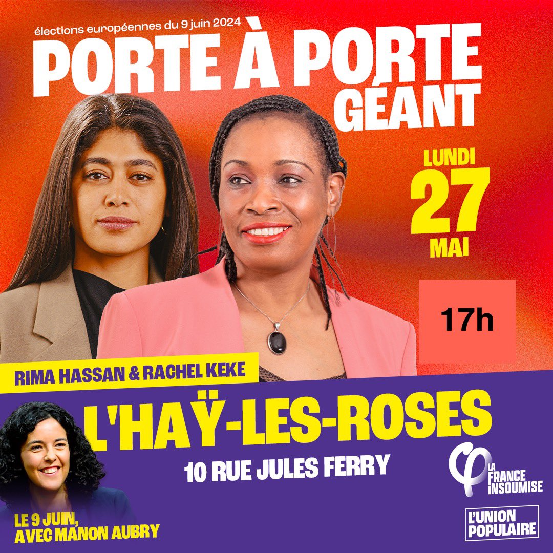 Porte-à-porte géant à L'haÿ-les-Roses en présence de @RimaHas !

Rendez-vous lundi 27 mai à 17h, 10 rue Jules Ferry à L'Haÿ-les-Roses (devant la boulangerie).

Au plaisir de vous y voir nombreuses et nombreux ✊

👉 
actionpopulaire.fr/evenements/bd7…