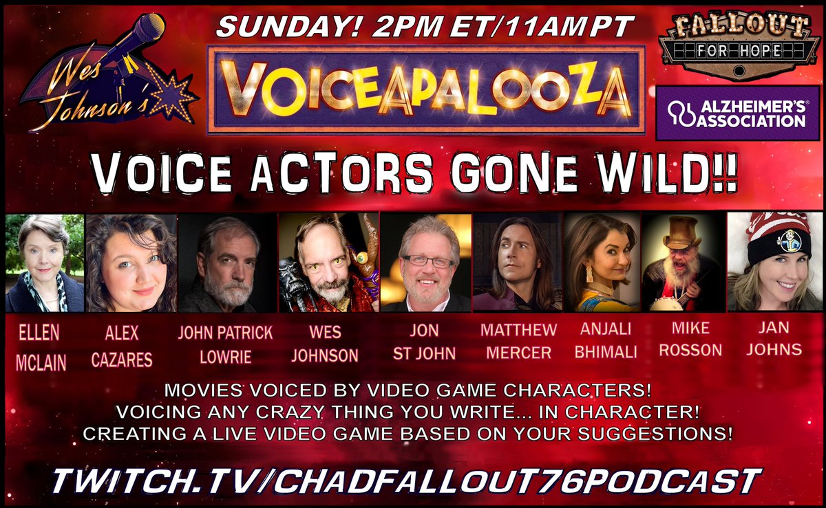 ARE. YOU. KIDDING. ME?? The largest EVER #VoiceAPalooza Prime panel EVER tomorrow at 2PM ET! Sheogorath! Duke Nukem! MacCready! GlaDOS! Sniper! Symmetra! Gob! Scribe Haylen! Asura! YOU GIVE US LINES TO READ IN CHARACTER! All to #ENDALZ through @FalloutForHope & @alzassociation!