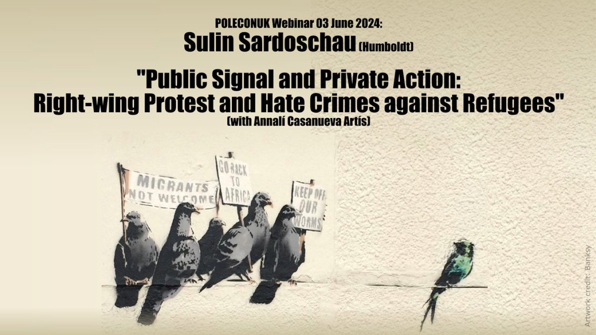 Our last talk this term is on Mon 3/Jun:
🌟Sulin Sardoschau (<a href="/HumboldtUni/">Humboldt-Universität zu Berlin</a>) will present "Public Signal and Private Action: Right-wing Protest and Hate Crimes against Refugees" (with Annalí Casanueva Artís). The paper has not been circulated so don't miss this event! <a href="/sardoschau/">Sulin Sardoschau</a>