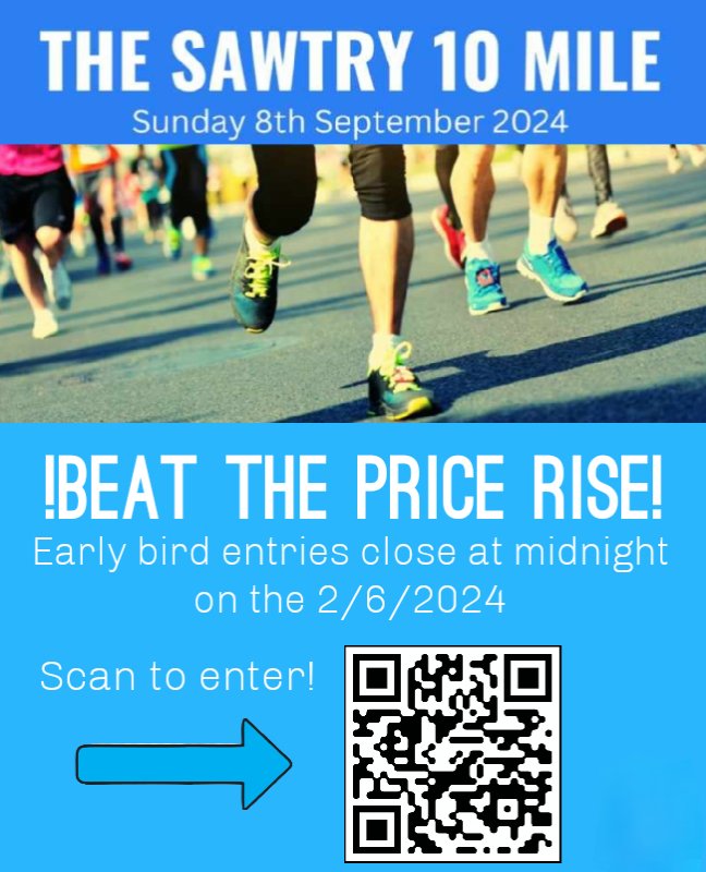 DON'T MISS OUT!! 
Early bird entries close at midnight on the 2/6/2024! Enter now by scanning the qr code!
. 
#Sawtry10 #SawtryTen2024 #raceday #Sawtry #running