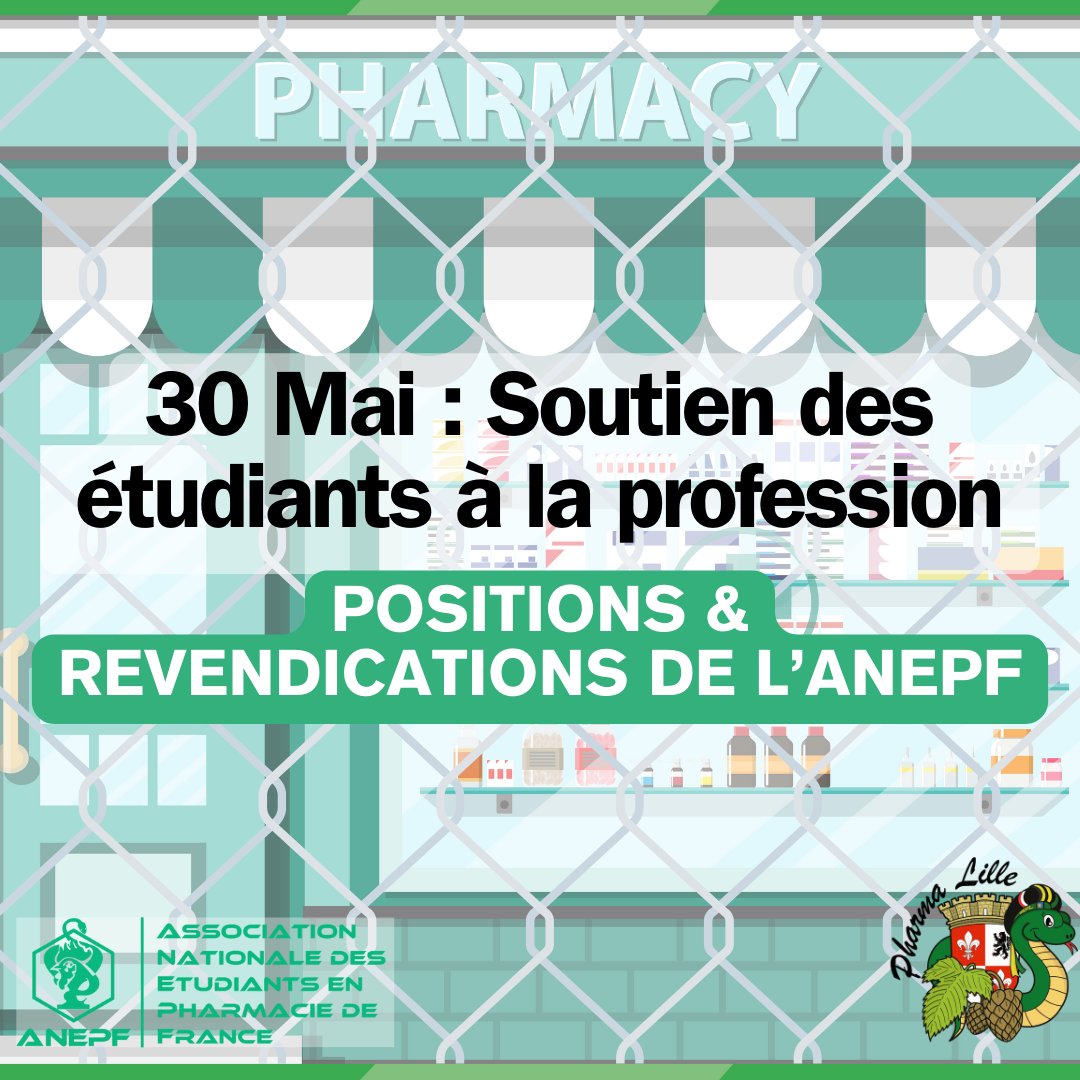 Pharma_Lille's tweet photo. Manifestation des pharmaciens d'officine
Qu'en est-il des étudiants en pharmacie ?
Nous nous engageons dans cette manifestation et serons présents aux côtés des pharmaciens d'officine.
Retrouvez toutes les positions et revendications de l'ANEPF qui seront aussi portées le 30 mai. https://t.co/lsV2CF0XcG