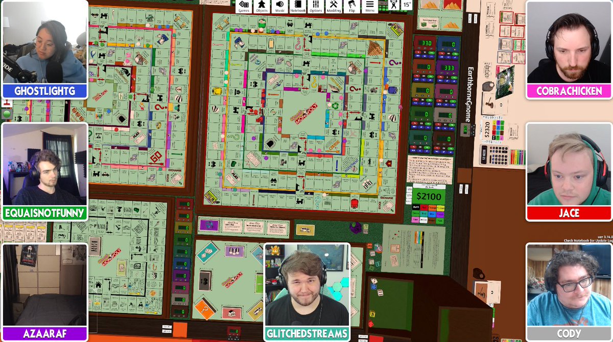 We're four hours deep in Insane Monopoly... I've already received a "small jolt" once. And I have no idea who's winning. twitch.tv/glitchedstreams