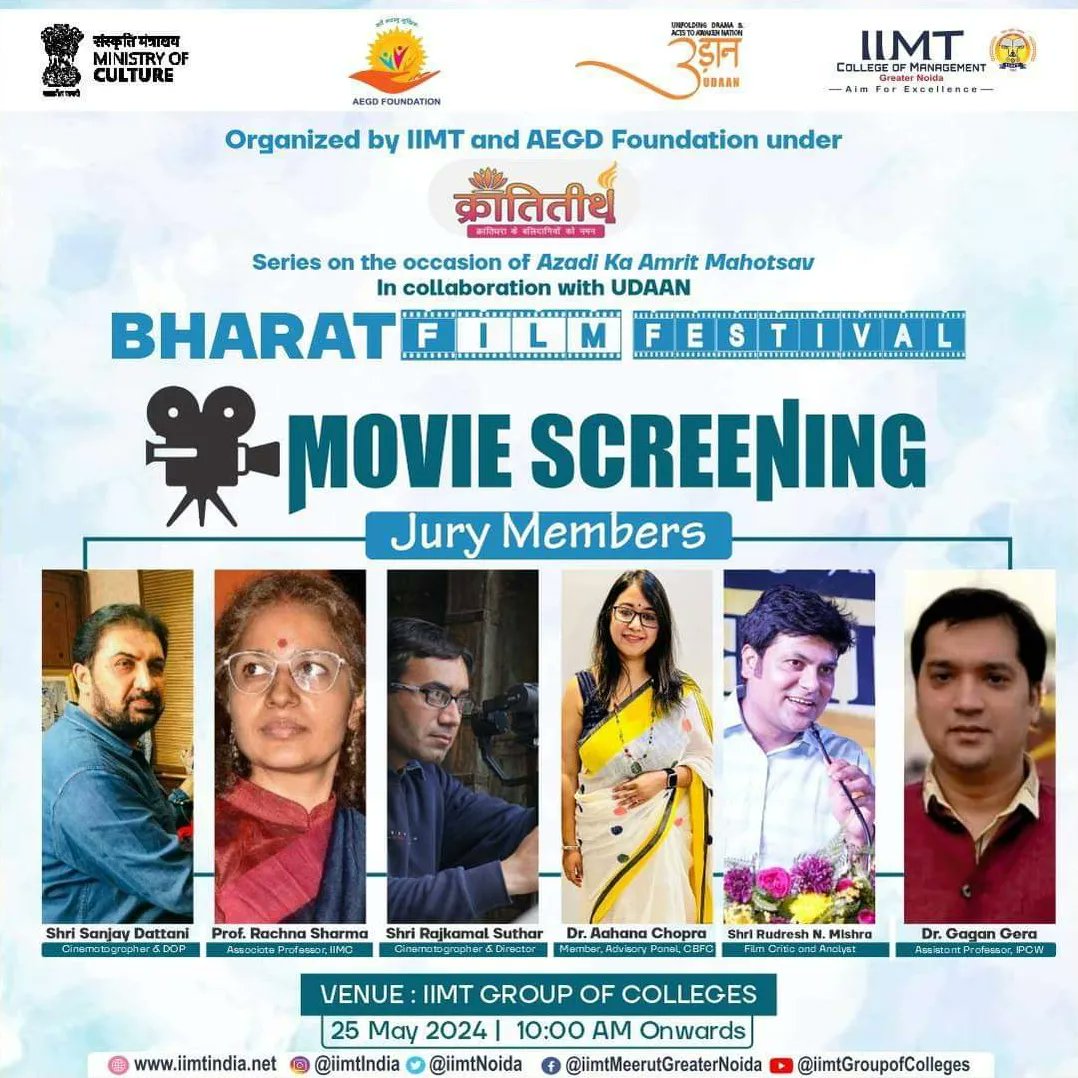udaanutsav's tweet photo. The BHARAT FILM FESTIVAL organized by the IIMT Group of Colleges, Greater Noida- UP and AEGD Foundation under the “Krantiteerth Series" in collaboration with UDAAN on the occasion of Azadi ka Amrit Mahotsav.” 
This event celebrates the rich &amp; diverse cinematic heritage of India. https://t.co/ZCIEQv6Nc6