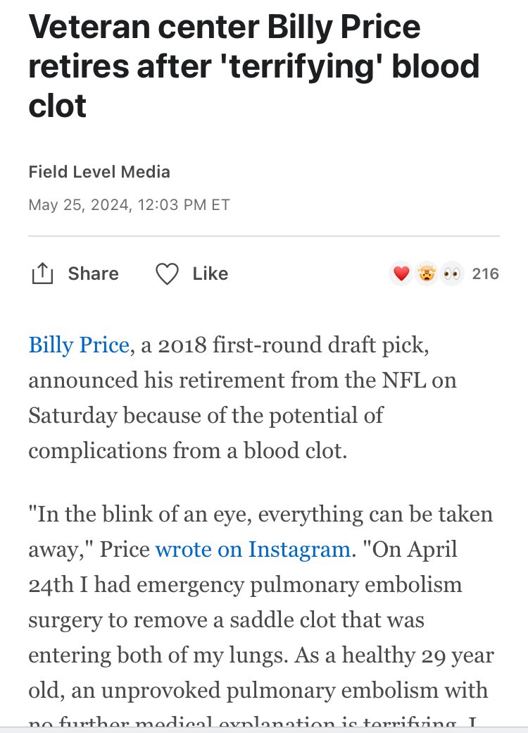 “Nearly 95% of NFL players are vaccinated.”

“29 Year Old NFL Player retires after terrifying blood clot.”
(May 2024)

#clotshot