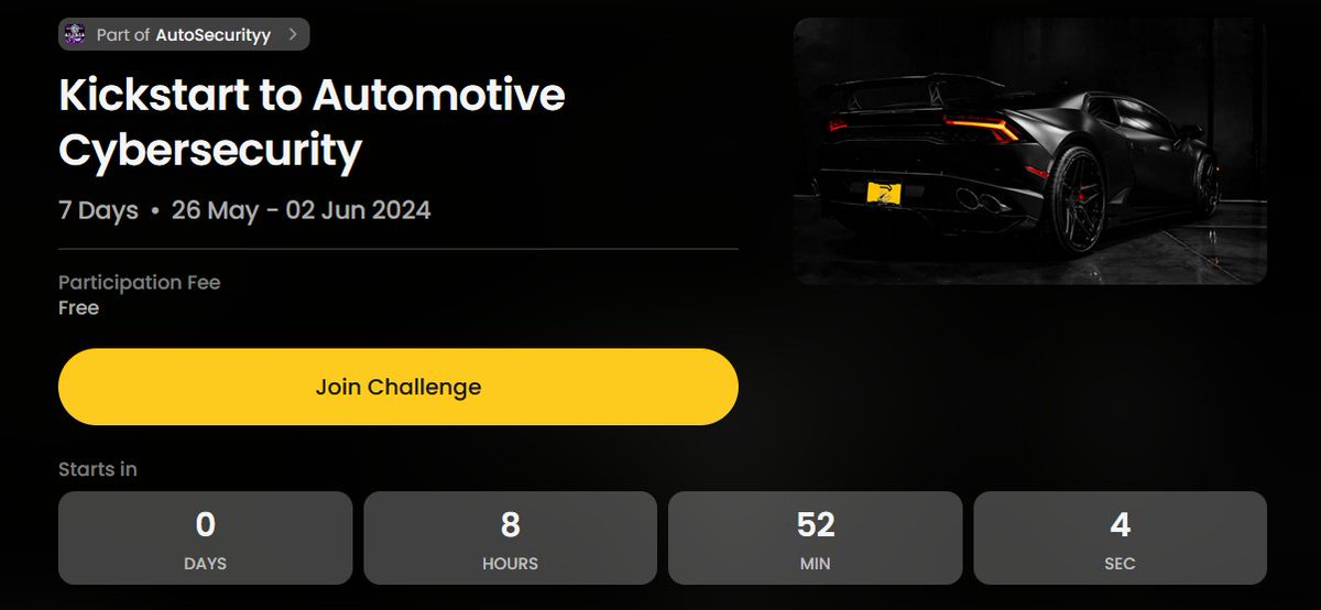 AutoSecurityy (@autosecurityy) on Twitter photo 🚗🔒 Join Our 7-Day Automotive Cybersecurity Challenge Now! 🚗🔒
We're kicking off a 7-Day Automotive Cybersecurity Challenge this Sunday. Dive into the basics of automotive cybersecurity with hands-on activities and open-source resources. 
🔗Join Now: lnkd.in/g9KnJ_Bv 🚗🔒 Join Our 7-Day Automotive Cybersecurity Challenge Now! 🚗🔒
We're kicking off a 7-Day Automotive Cybersecurity Challenge this Sunday. Dive into the basics of automotive cybersecurity with hands-on activities and open-source resources. 
🔗Join Now: lnkd.in/g9KnJ_Bv