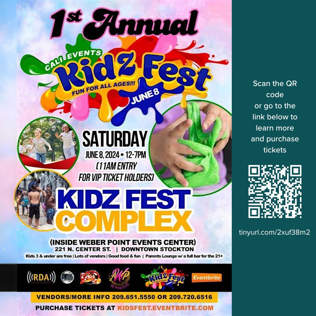 The first annual Kidz Fest at Weber Point Events Center is Saturday, June 8 (12-7PM). The festival will feature games, face painters, balloon making, jumpers, and more.
To learn more and purchase tickets, go to:
tinyurl.com/2xuf38m2

#downtownstockton #stocktonca #kidzfest