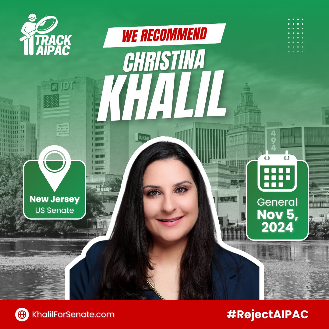 There is only one candidate who is rejecting the Israel lobby in the race for U.S. Senate in New Jersey. We recommend @Christina4NJ to #RejectAIPAC! She's committed to rejecting Israel lobby money, is calling for AIPAC and allies to register as foreign agents, and is fighting to