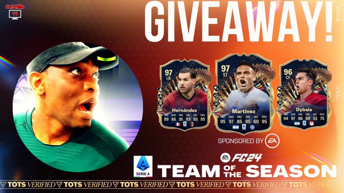 🚨 GIVEAWAY 🚨  
 
Win one of  #EAFC24 Ultimate Serie A TOTS item for your team! (You choose who you want)

Thanks to @EASPORTSFC  for this opportunity.

❤️ & RT , comment your console & region. 

Set notifications on. 

You don’t want to miss this. 
#SponsoredByEA