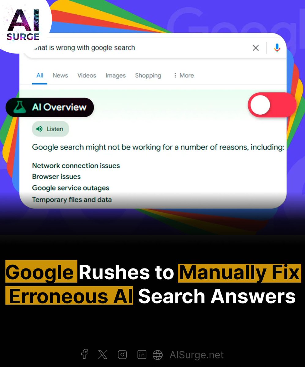 Social media is buzzing with examples of @Google’s AI Overview giving strange advice, like putting glue on pizza or eating rocks. Google is now scrambling to disable these AI Overviews manually. #Google #Googleerror