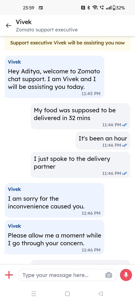 AdityaMVoice's tweet photo. Horrible customer service by @zomato for food ordered over an hour ago for my mother and I. Please read the response from your customer care associate, Vivek Kumar. I'm appalled by this behaviour. My mother is 78 years old and this is the answer I get from your customer service! https://t.co/99Lqd415YF